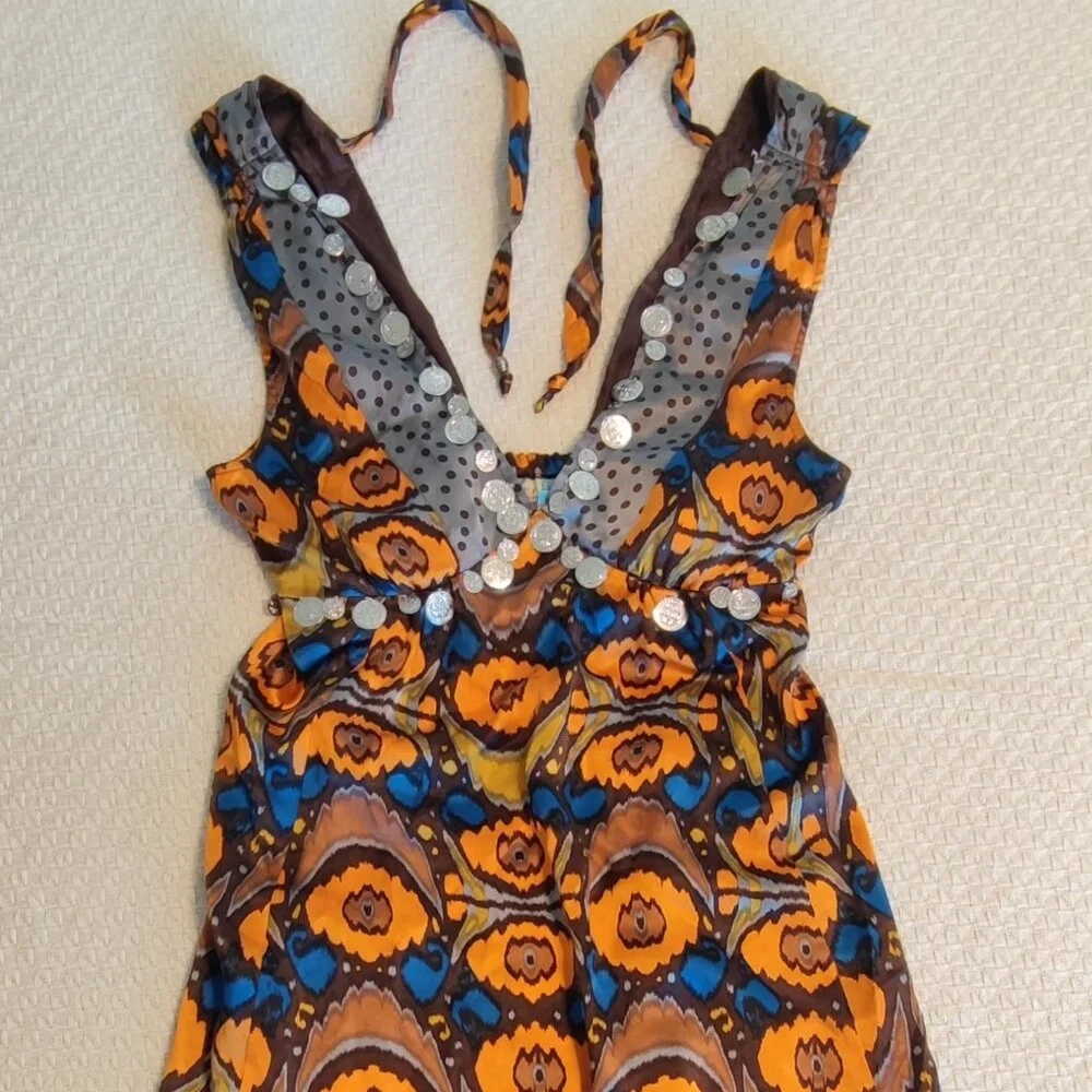 Plenty Tracy 100% Silk Geometric Coin Embellished Dress Size 4 Orange Gray Boho - Picture 2 of 6